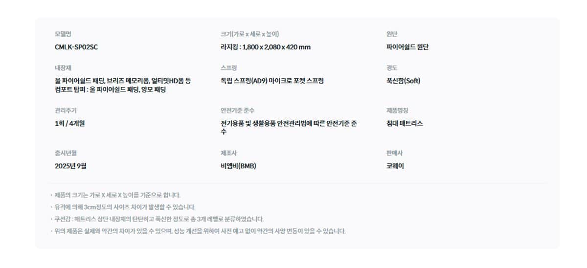 코웨이 BEREX 시그니처 파이어쉴드 매트리스 탑퍼형(라지킹) CMLK-SP02SC 상세
