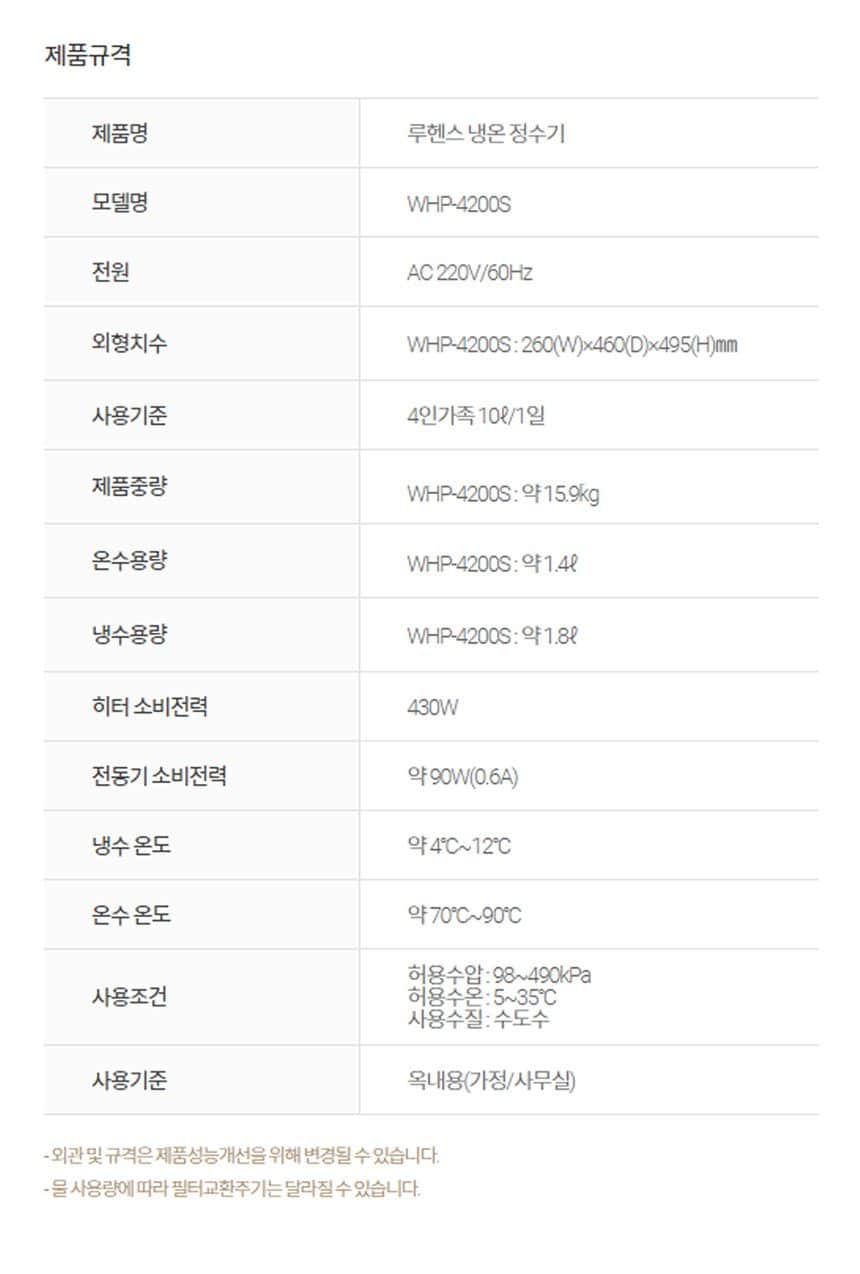 루헨스 냉온정수기 데스크형 WHP-4200S 상세