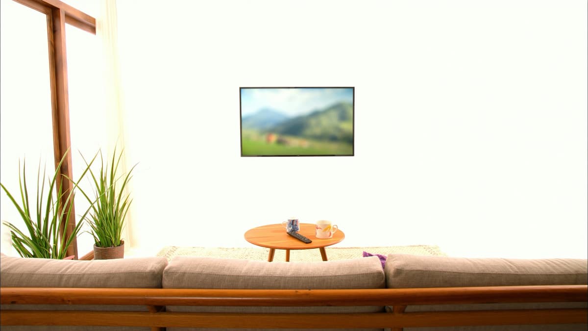 밝은 거실의 소파와 벽걸이 TV, 탁자 위 리모컨