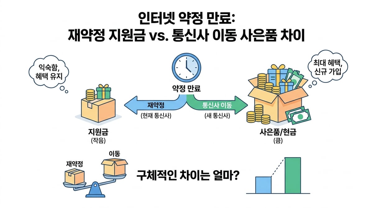 인터넷 약정 만료 재약정 지원금과 통신사 이동 사은품 차이는 구체적으로 얼마인가요?