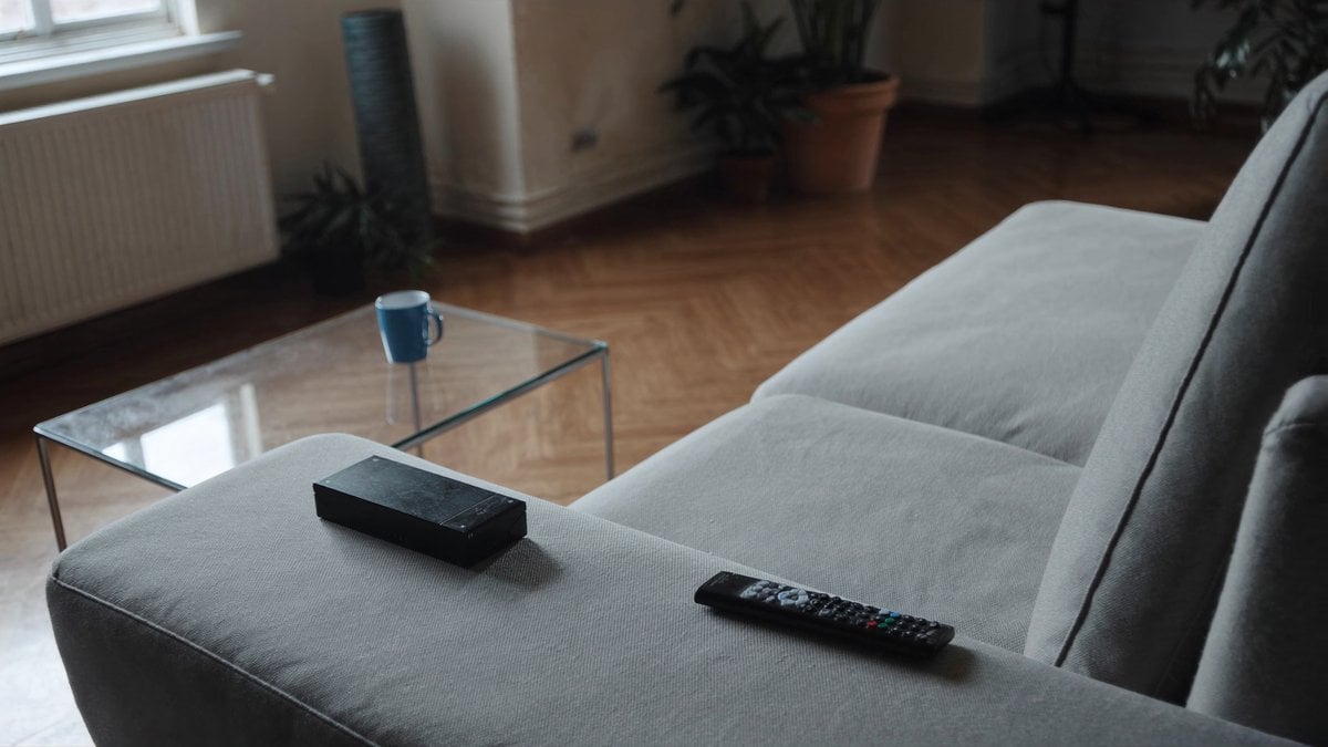 밝은 거실 소파 위에 놓인 TV 리모컨과 셋톱박스