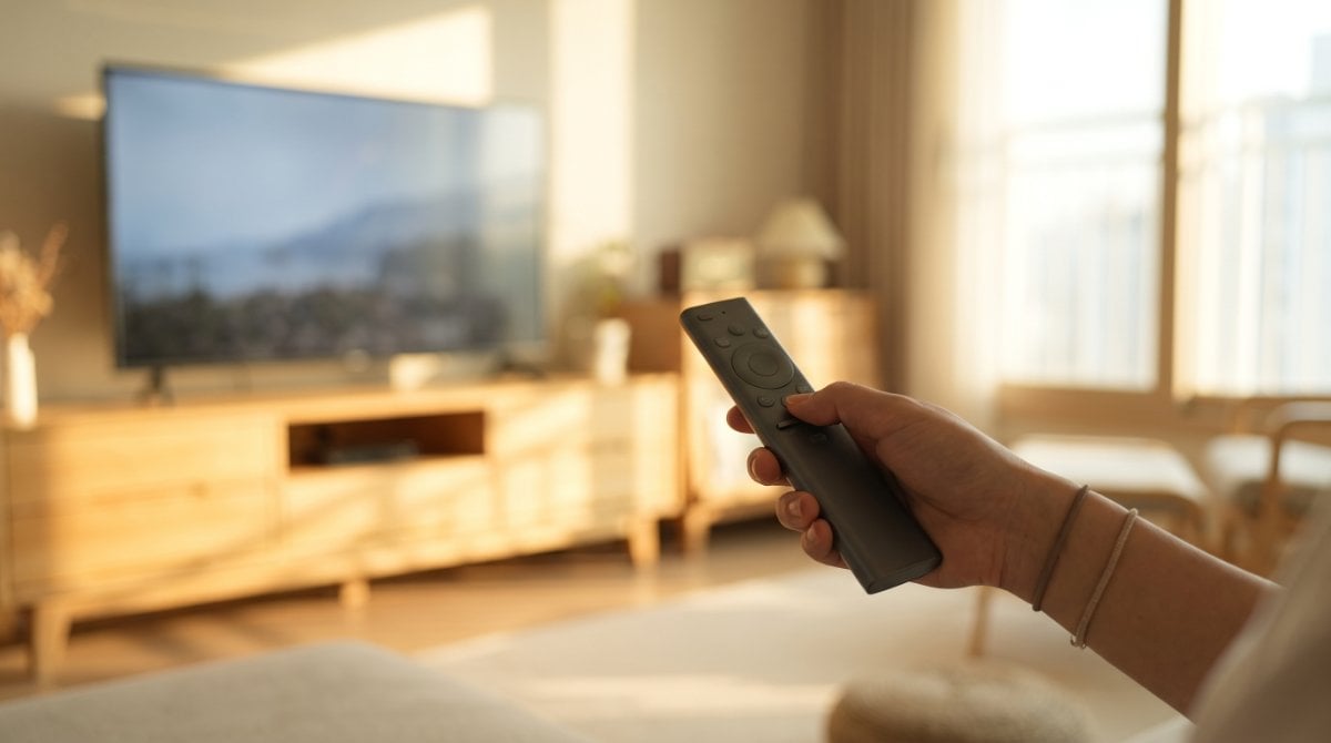 TV 앞에서 리모컨을 들고 있는 모습