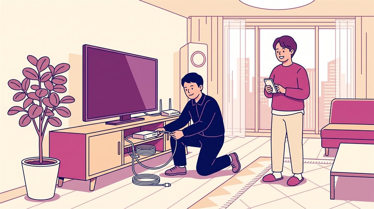 LG U+ 참쉬운가족결합 설명 이미지, 인터넷 공유기와 TV 셋톱박스를 설치하는 장면
