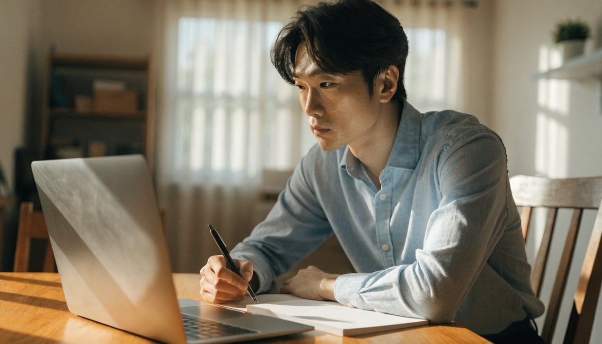 노트북으로 요금제를 비교하는 사람