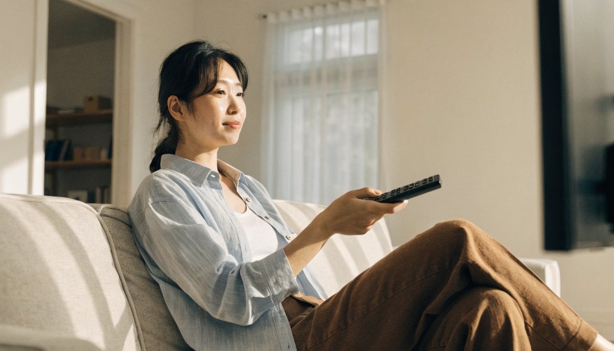 리모컨을 들고 TV를 보는 사람