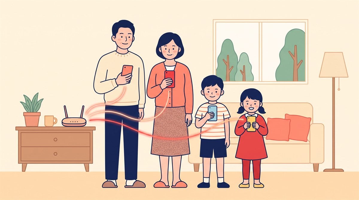 SK 결합할인 설명 이미지, 가족 휴대폰 회선을 집 인터넷과 함께 묶는 모습