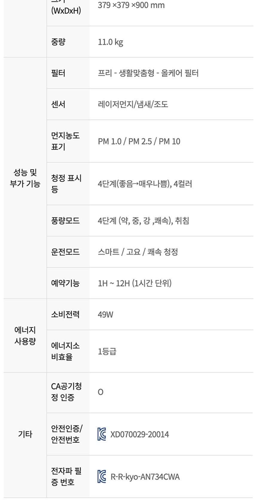 웰스 공기청정기 토네이도 112㎡(34평)형 상세