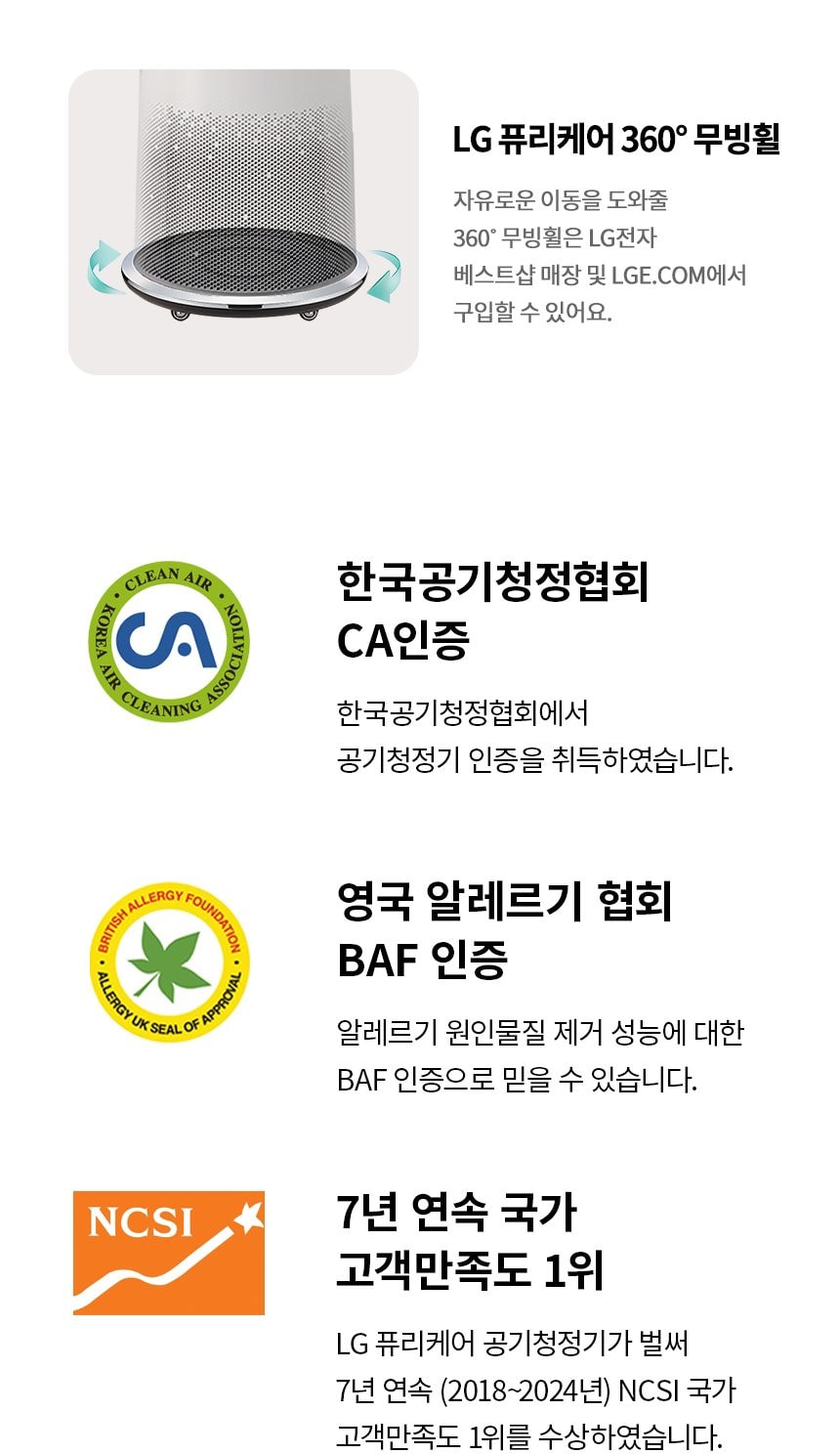 LG 퓨리케어 360˚ 공기청정기 플러스 62㎡(19평) (분해세척) 상세