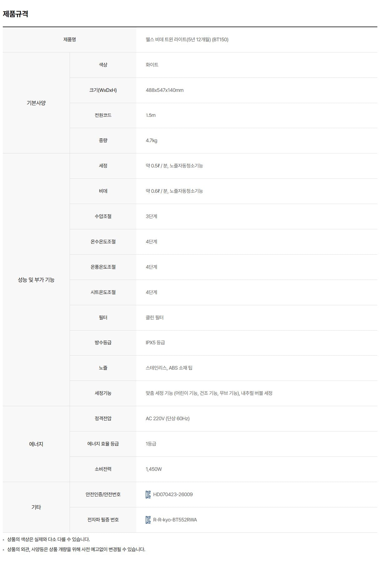 웰스 비데 트윈 라이트 상세