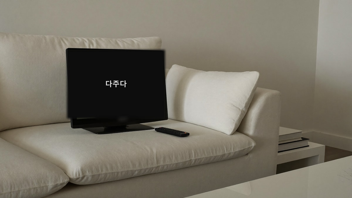 소파 위 작은 TV 화면에 표시된 다주다 로고