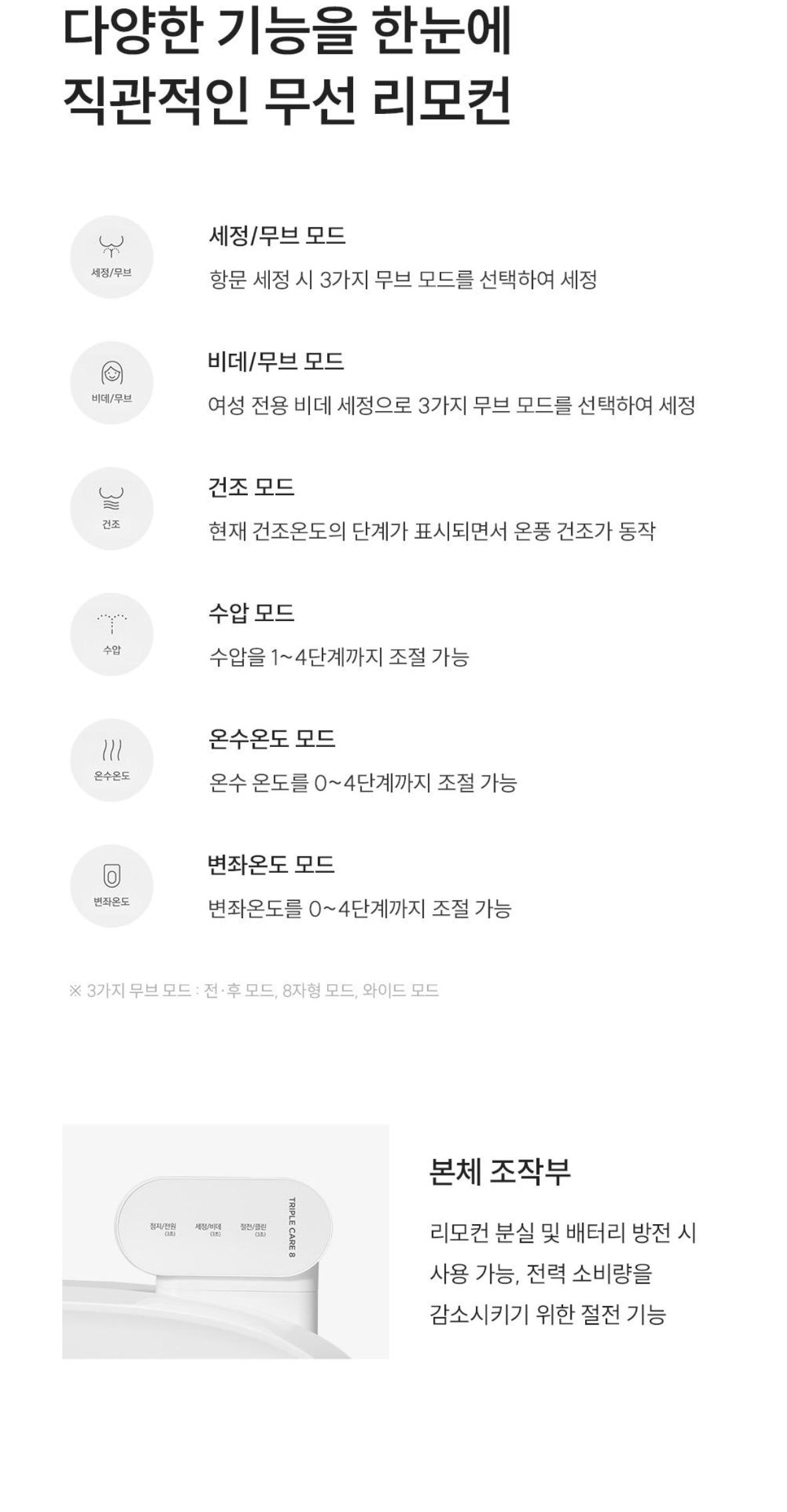 쿠쿠 인스퓨어 트리플케어8 리모컨 비데 상세