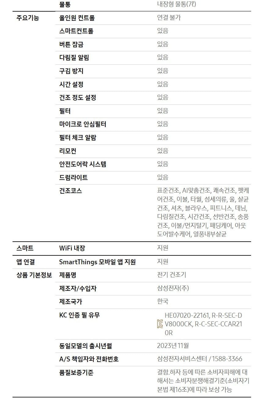 삼성 그랑데 건조기 AI 17kg 상세
