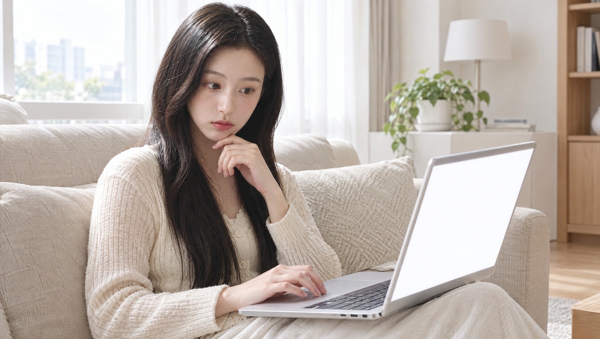 소파에 앉아 노트북으로 인터넷 변경 조건을 비교하는 여성
