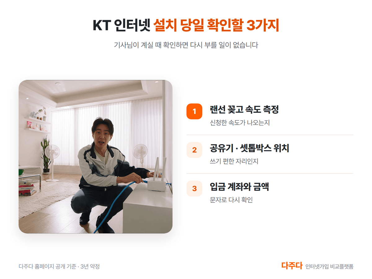 KT 인터넷 설치 당일 확인할 세 가지, 속도 측정 장비 위치 입금 내역