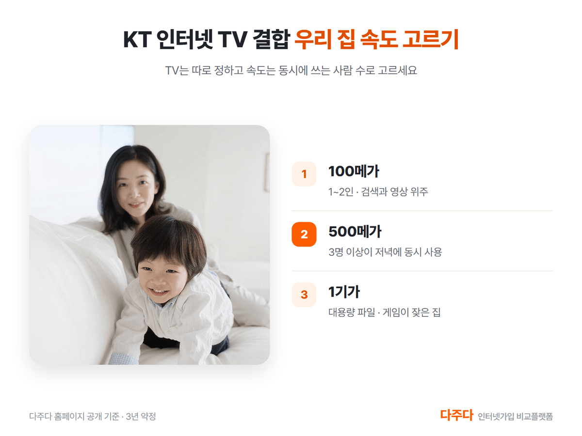 KT인터넷TV결합 우리 집 속도 고르기, 100메가 500메가 1기가가 맞는 집