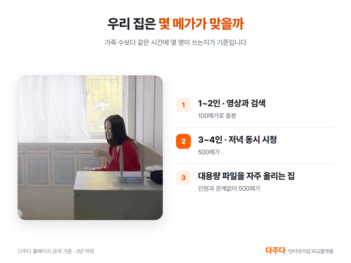100메가인터넷 우리 집 판정, 1~2인은 100메가 3~4인 동시 시청은 500메가