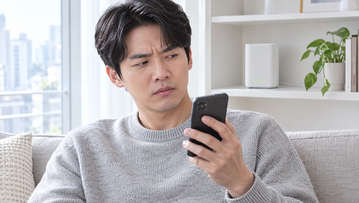 흰색 공유기가 놓인 거실에서 휴대폰을 의심스럽게 보는 30대 남성