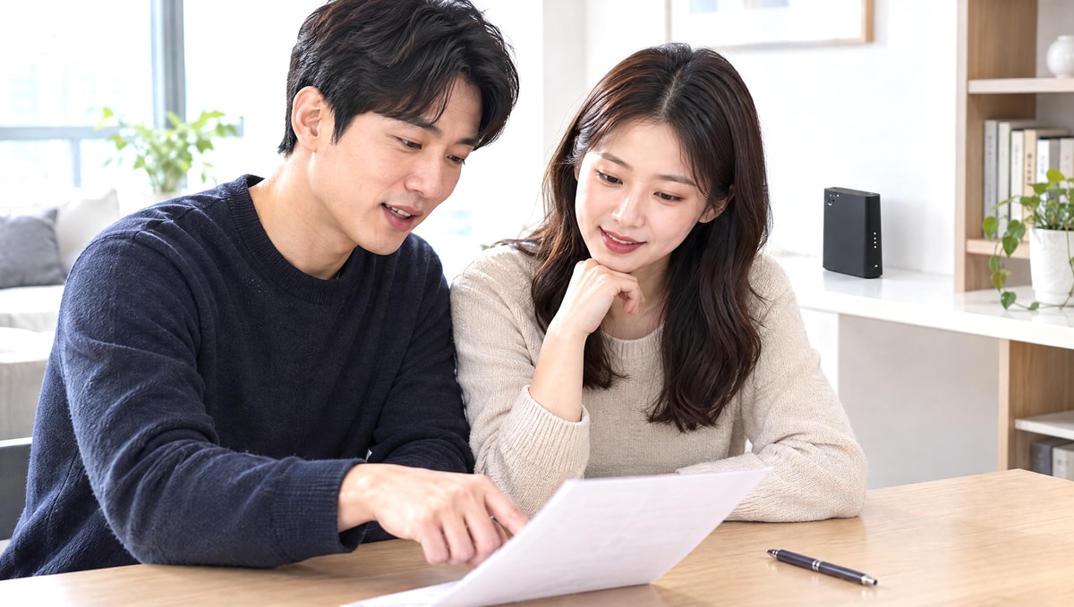 책상에서 가입 조건 문서를 함께 확인하는 30대 부부
