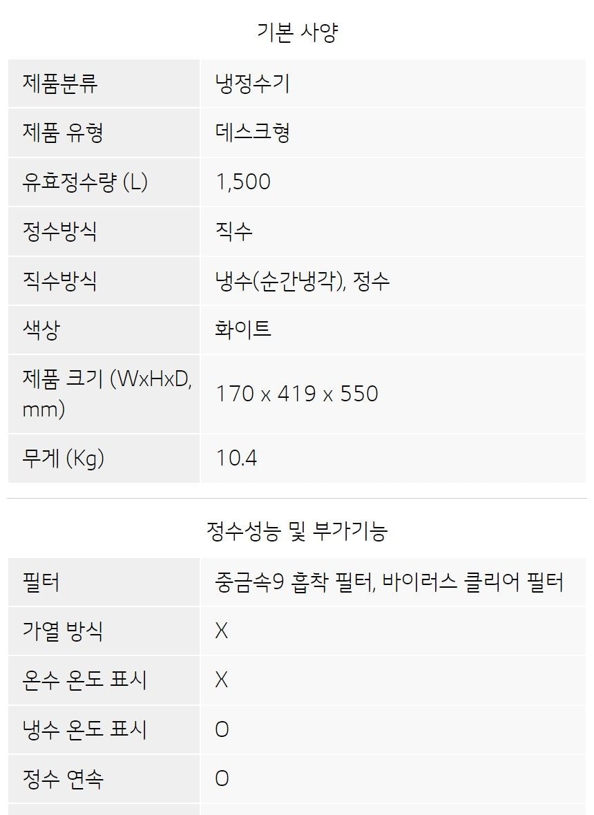 LG 퓨리케어 상하좌우 직수 정수기 (냉정) 상세