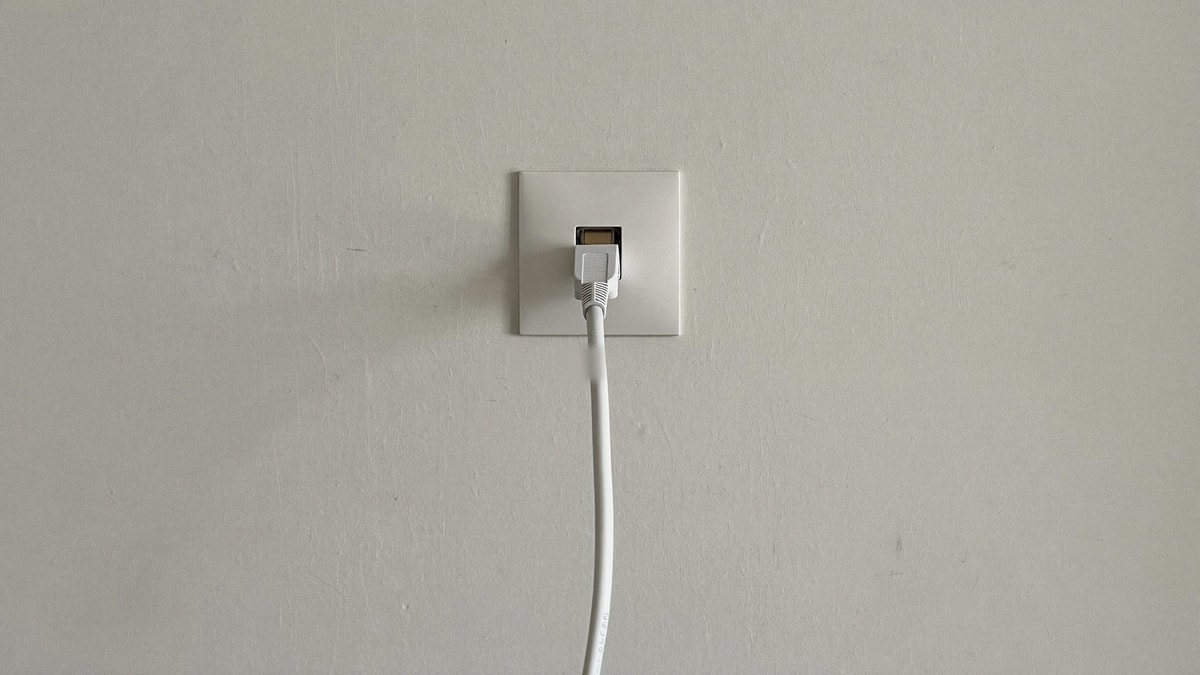 밝은 벽의 인터넷 단자에 꽂힌 흰 랜선