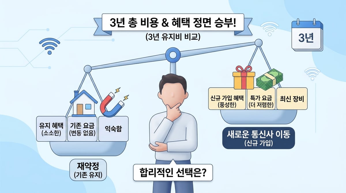 재약정과 통신사 이동을 비교하며 고민하는 일러스트