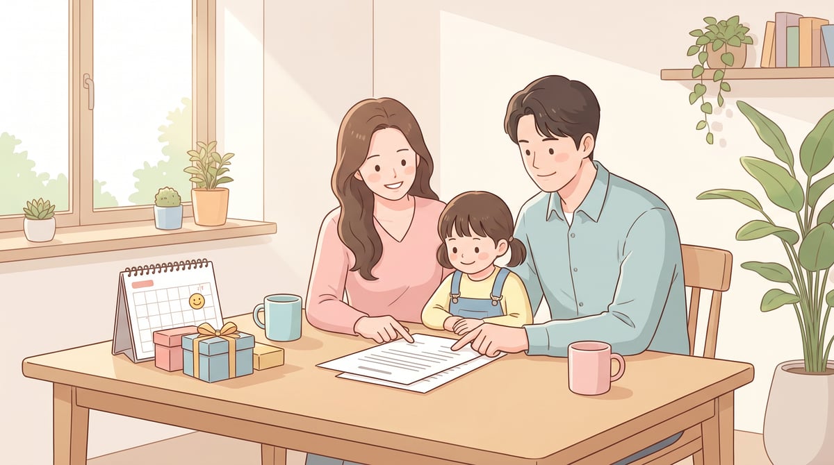 테이블 위에 놓인 계약서와 혜택을 상징하는 선물 상자 그래픽