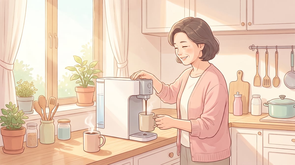 채광 좋은 주방에서 커피를 내리며 여유를 즐기는 중년 여성의 일러스트