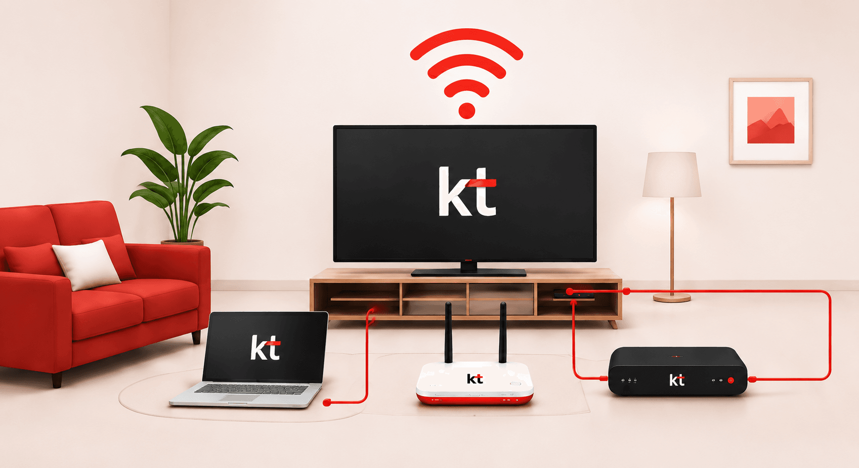 KT 인터넷 네트워크 특징을 보여주는 일러스트